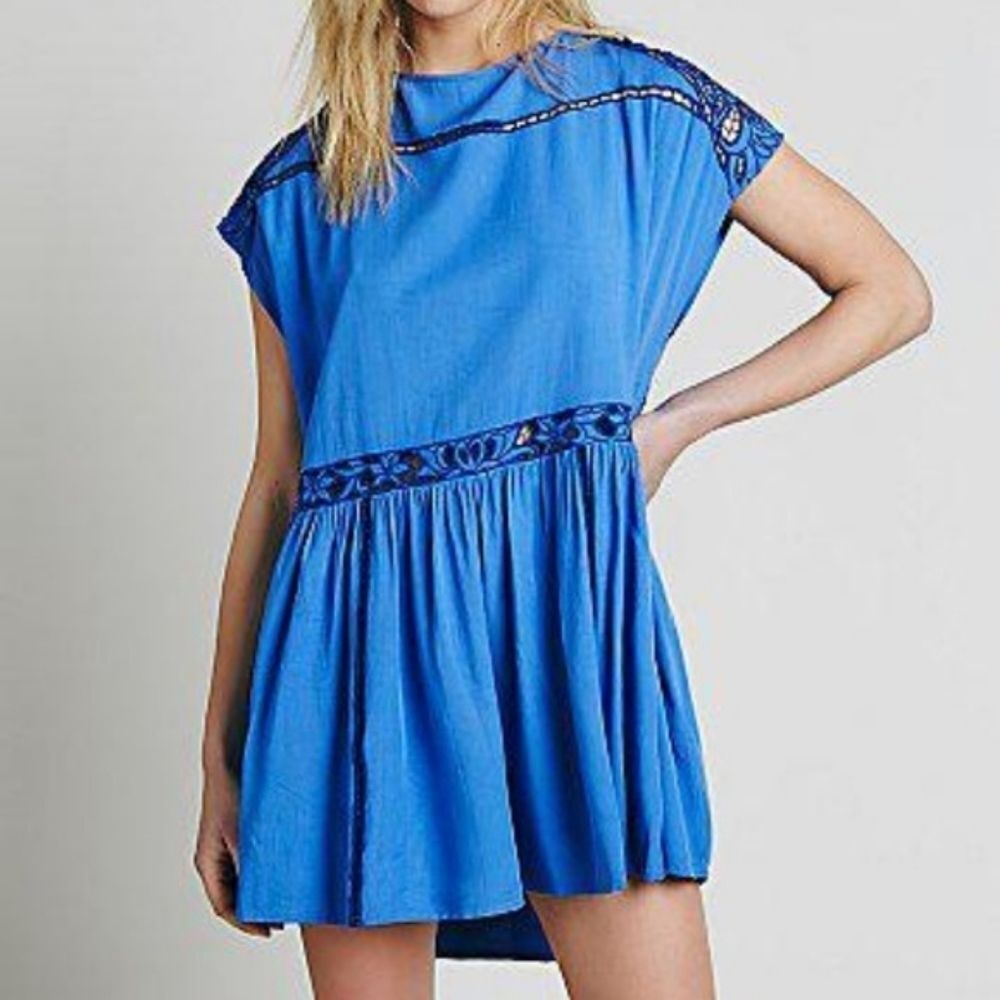 Free People Blue Ayu Oversized Open Back Floral Laser Cut Oversized Mini Dress S